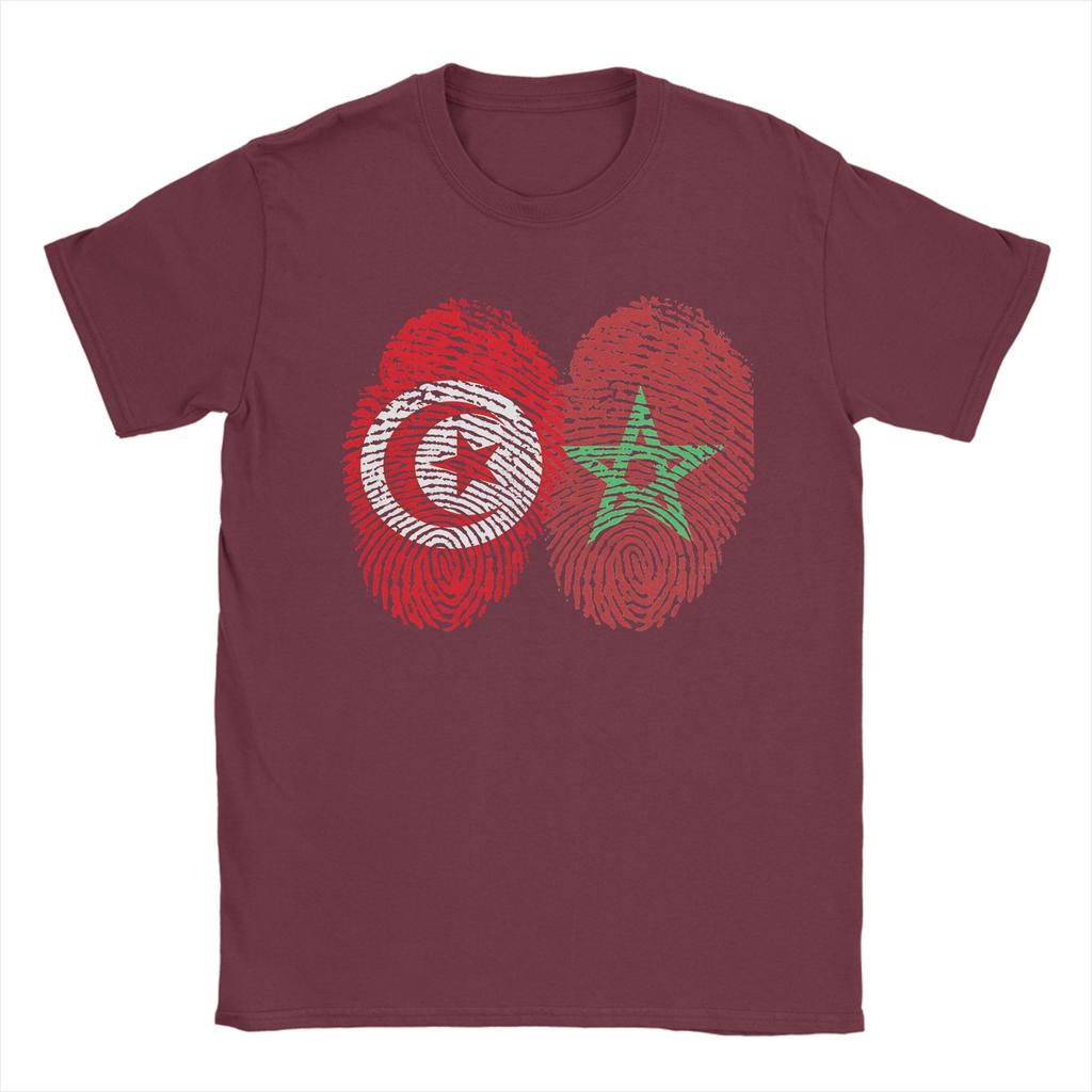 Tunisia Morocco Flags Fingerprints United TShirts Unisex Vintage Cotton Tee Shirt O Neck Short Sleeve T Shirt Printed Clothes