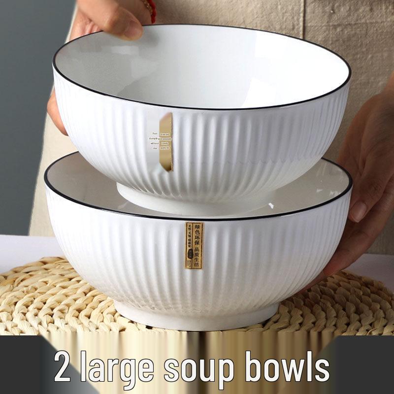 Set of 2 Large 8-Inch Nordic Style Ceramic Soup Bowls - Creative Simple Design, Perfect for Soups and Salads.
