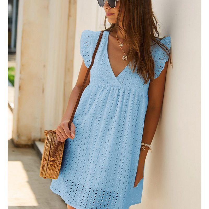 

Japanese Style Sweet Summer V Neck Candy Color Lace Jacquard Cut Out Sleeveless Dress Girl s Dress with Lining Dress Sky Blue M