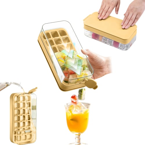 Silicone Ice Maker with 21 Square Ice Cubes, Storage Container, and Water-Filling Design [One-Push Ice Removal], Large Capacity, Suitable for Home Use