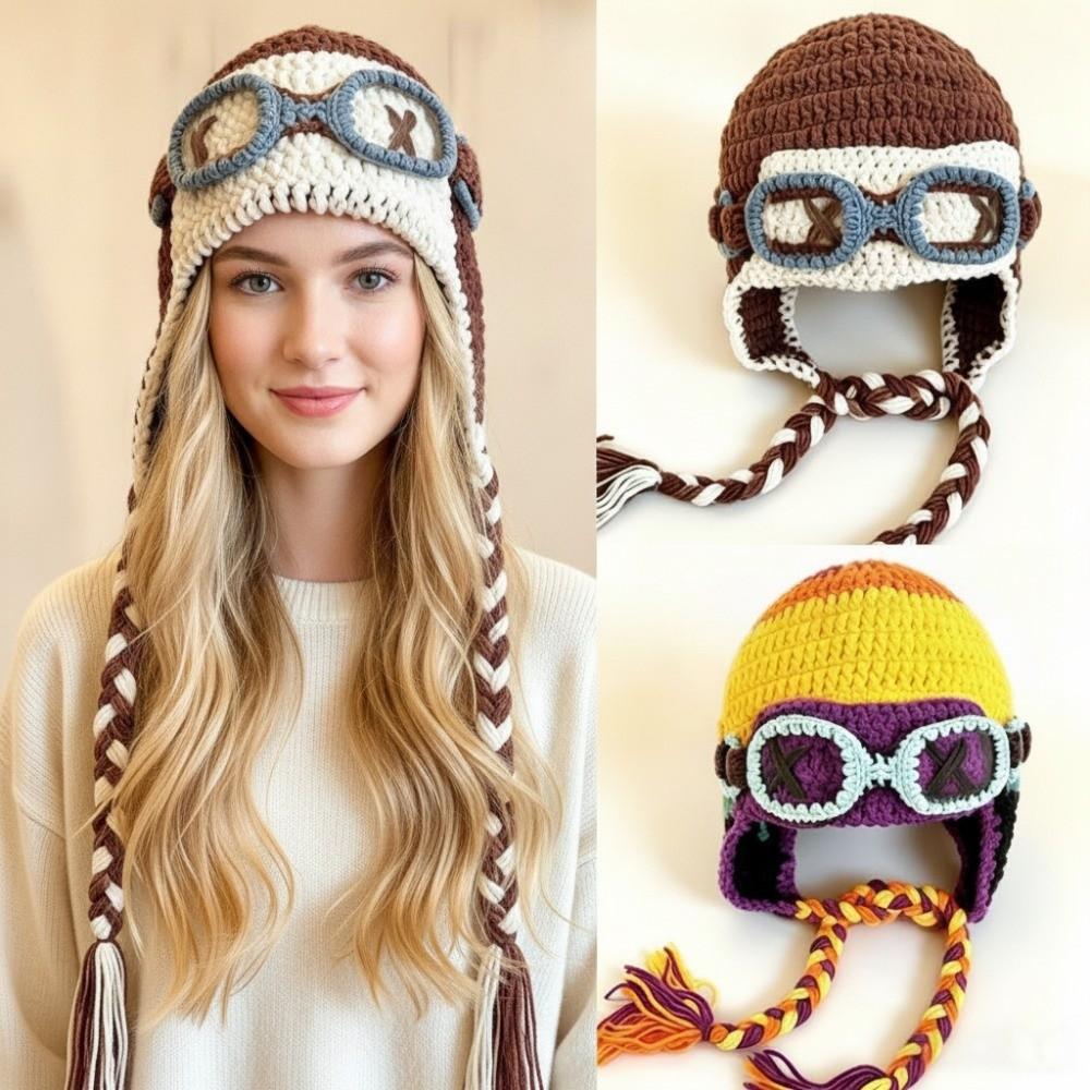 Windproof Knitted Beanie Crocheted Earflap Cap Casual Winter Pilot Hat With Goggles  Cycling