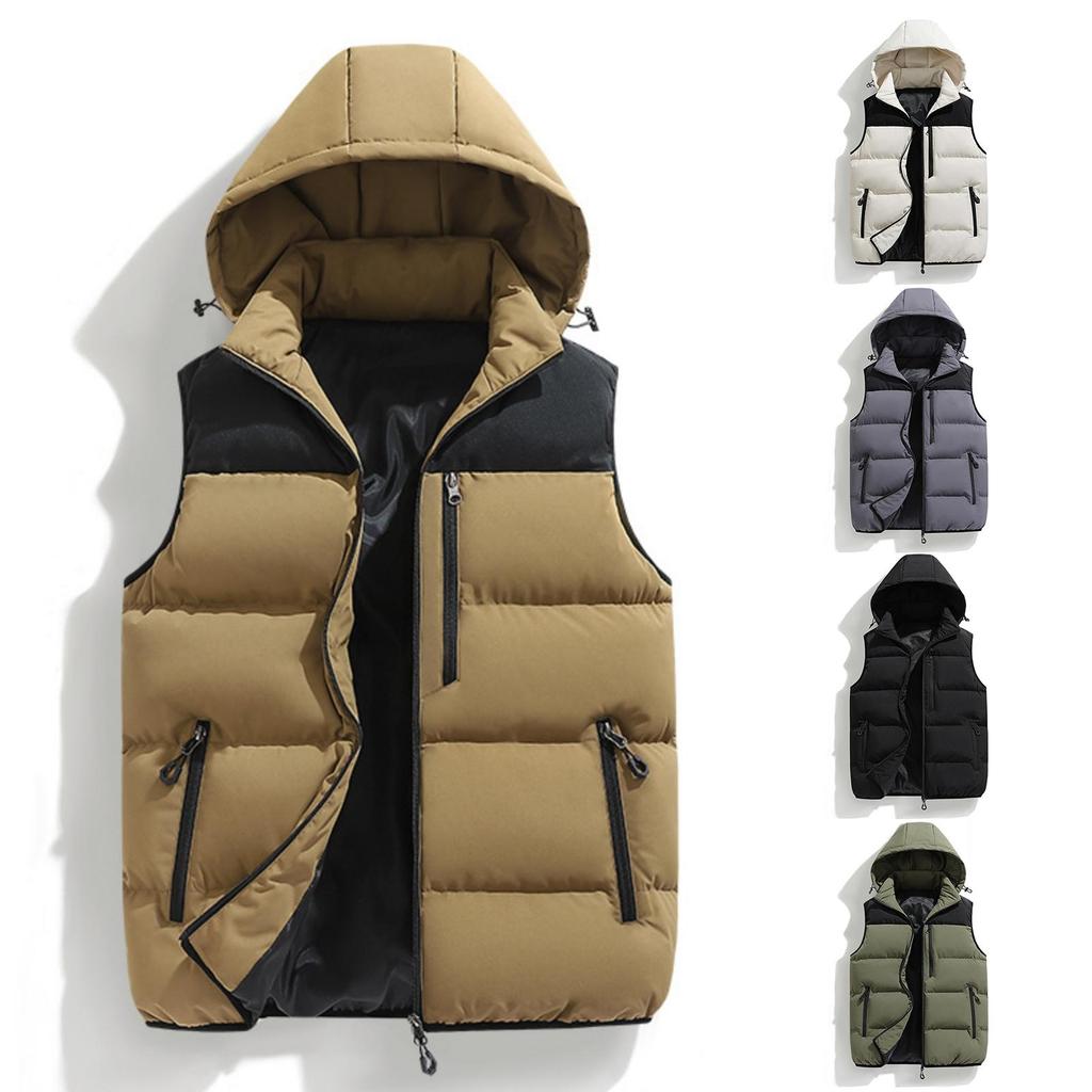 Giacca Calda in Cotone Casual da Uomo a Blocchi di Colore Larga, Giacca Gilet Senza Maniche con Cappuccio Staccabile da Uomo