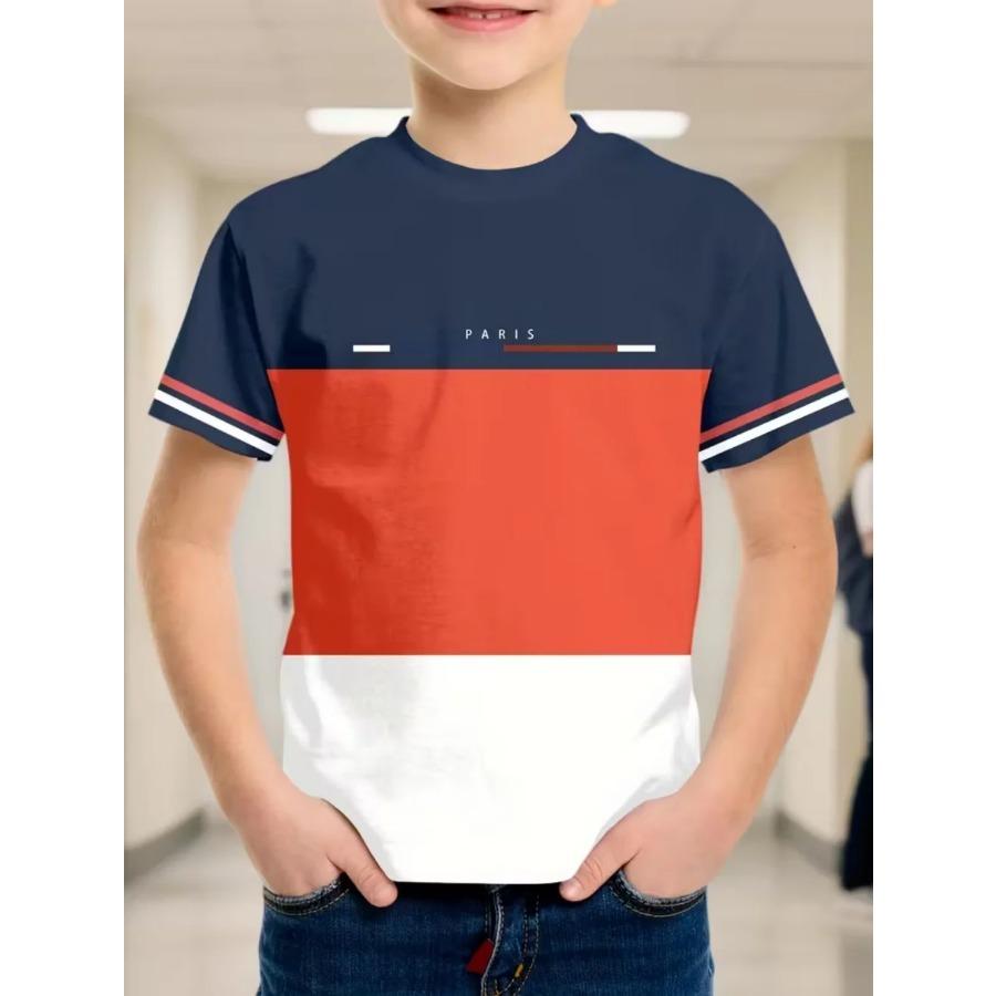 Boys' T-Shirt Simple Paris Letter Print Summer Short Sleeve Tees Loose Fashion Round Neck Tops Stripe Streetwear Kids Clothing