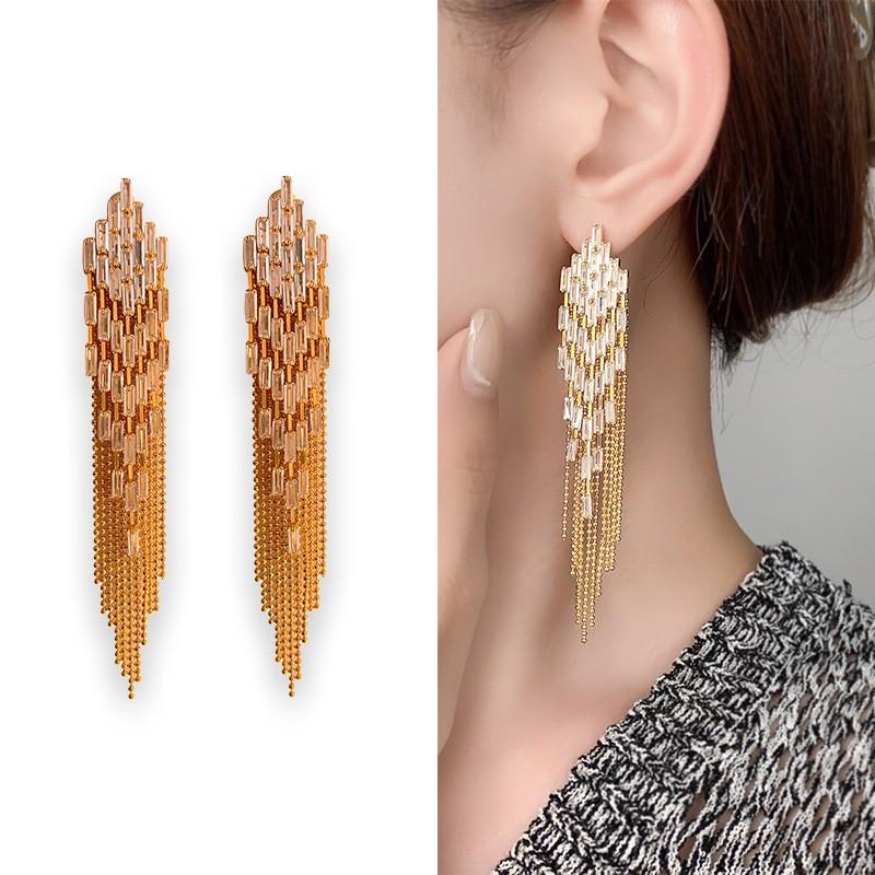 Elegant Long Tassel Earrings With Zirconia Accents Gold Plated Copper Chain Drop Women