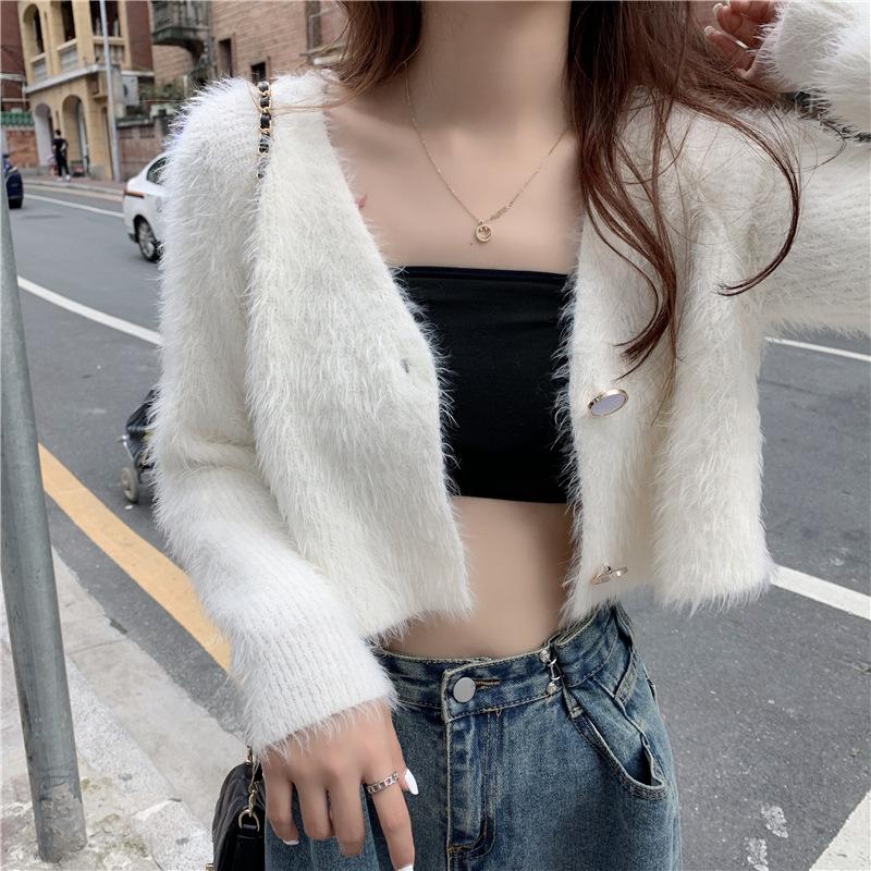 Modny Casualowy Retro Przytulny Dziewczęcy Leniwy Wiatr Dzianinowy Sweter Kardigan Damski Jednolity Kolor Imitacja Rzeźbionej Wełny Krótki Akapit Damski