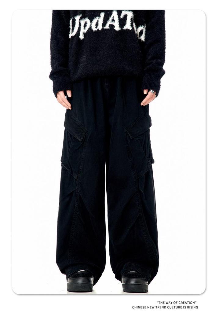 11KN Unisex Retro Wide Leg Work Pants with 3D Pockets - Pleated, Loose, Slimming, Casual, Long Fit