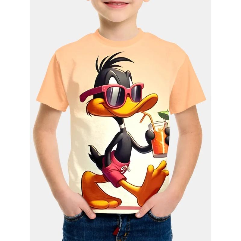 Söt tecknad djurmönster tryck Sommar Rund hals Barn Kortärmad T-shirt Bekväm Trendig Pojkars T-shirt