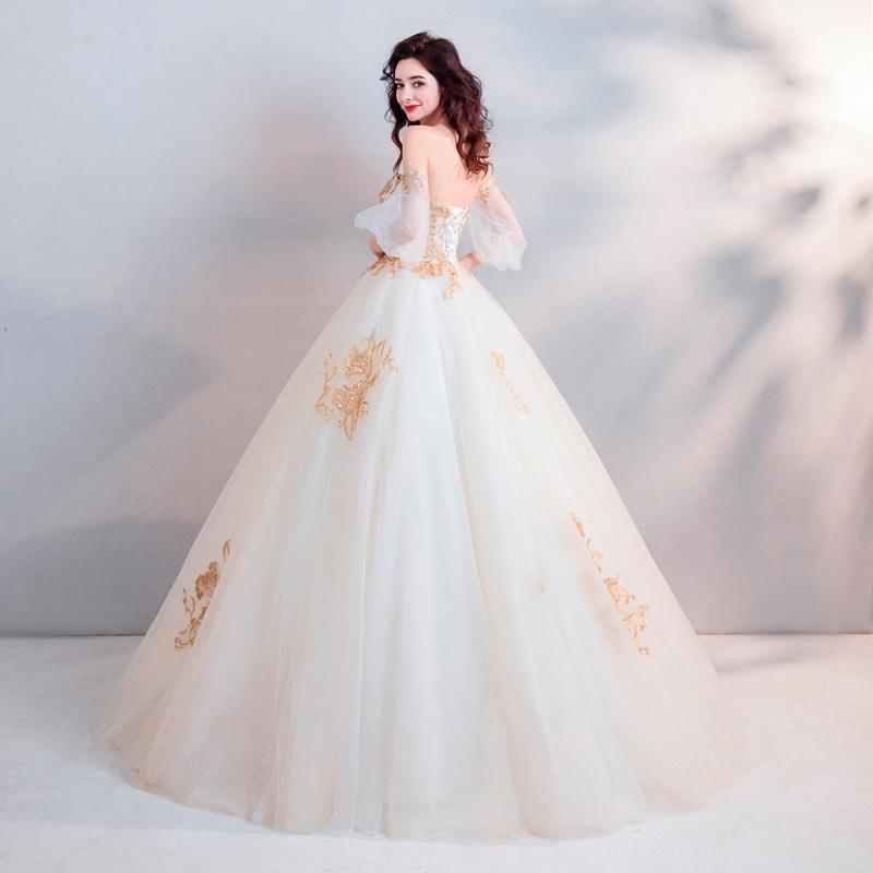 Palace Style Golden Three-dimensional Embroidery Bride Perspective Long-sleeved Wedding Dress