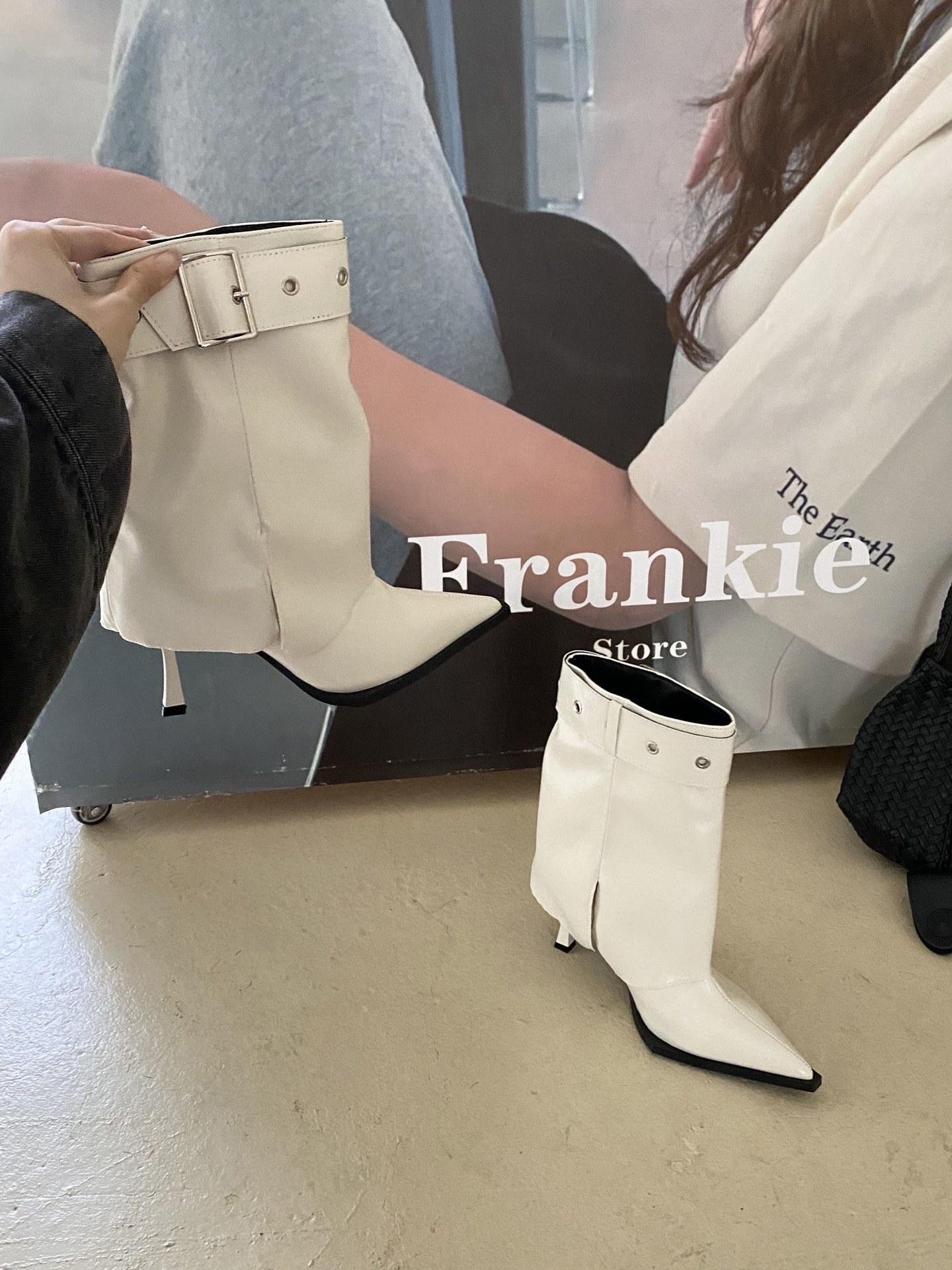 

2025 autumn and winter new models, European and American style pointed metal buckle thin heel trousers short boots belt buckle high heel women s boots 35