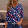 Women's Casual Independence Day Printed V-Neck 3/4 Sleeve Embellished Button T-Shirt Top