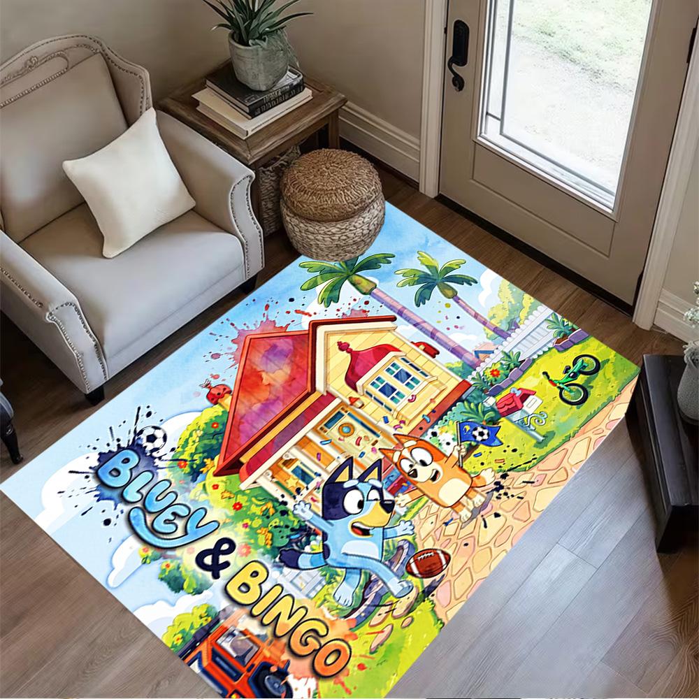Bluey Soccer Adventure Customizable Name Area Rug Design for Playrooms Kitchen Entryway Outdoor Antislip Carpet Anime Office Decor