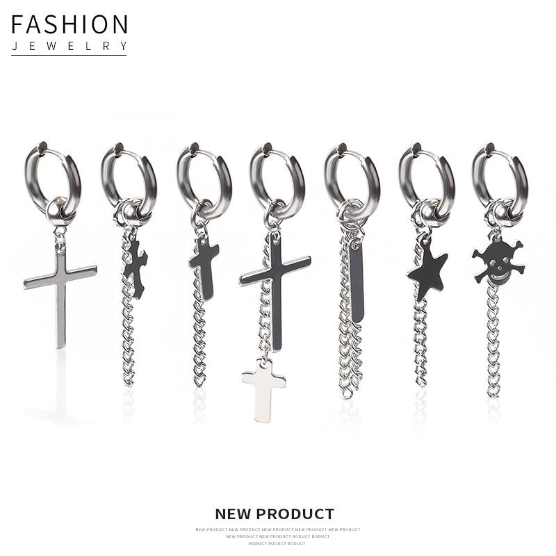 1Pcs Men Punk Cross Stars Dangle Earrings Women Gothic Stainless Steel Cross Ear Stud Earrings Piercing Huggies Pendant Jewelry