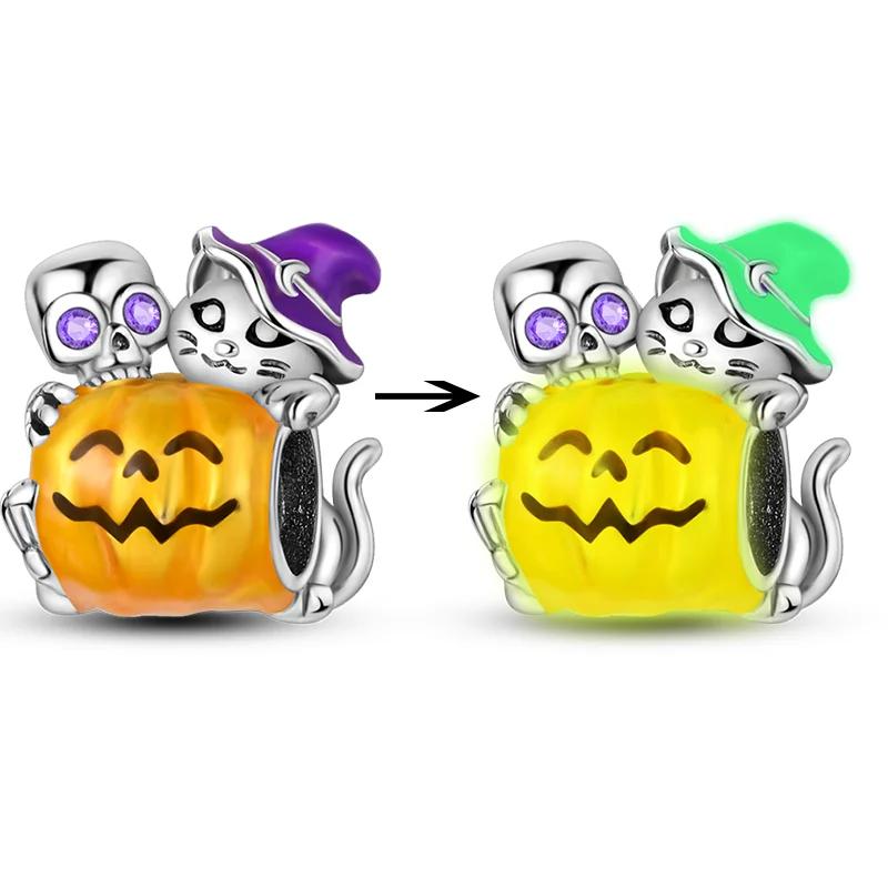 New Halloween Charm Emit Light Bead Copper Pumpkin Witch Skull Charm Fit Bracelet Pendant Women Jewelry Making
