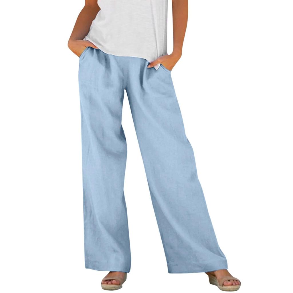 Women's Fashion Relaxed Fit Cotton-Linen Blend Pocket Elastic Waist Wide-Leg Casual Pants