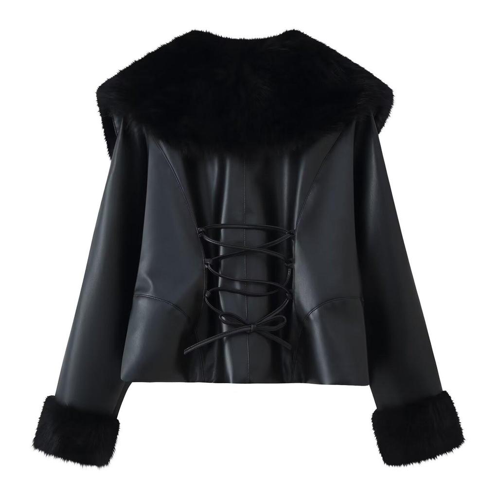 2025 Autumn Women's Fur Collar Patchwork Leather Jacket with Long Sleeves