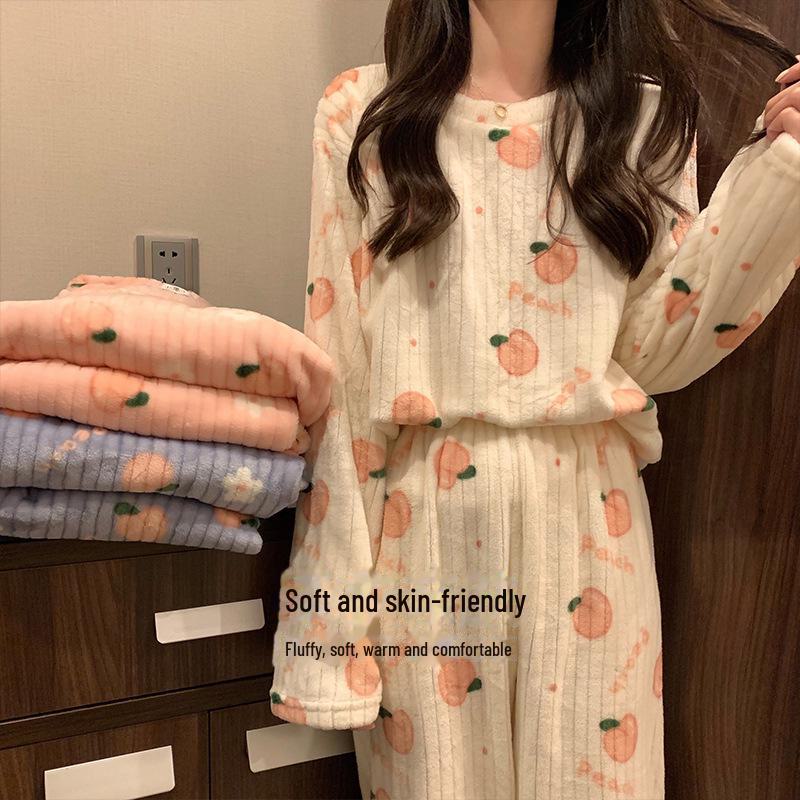 Pijamale din Fleece Coral pentru Femei - Set Cald, Îngroșat din Două Piese pentru Toamnă/Iarnă