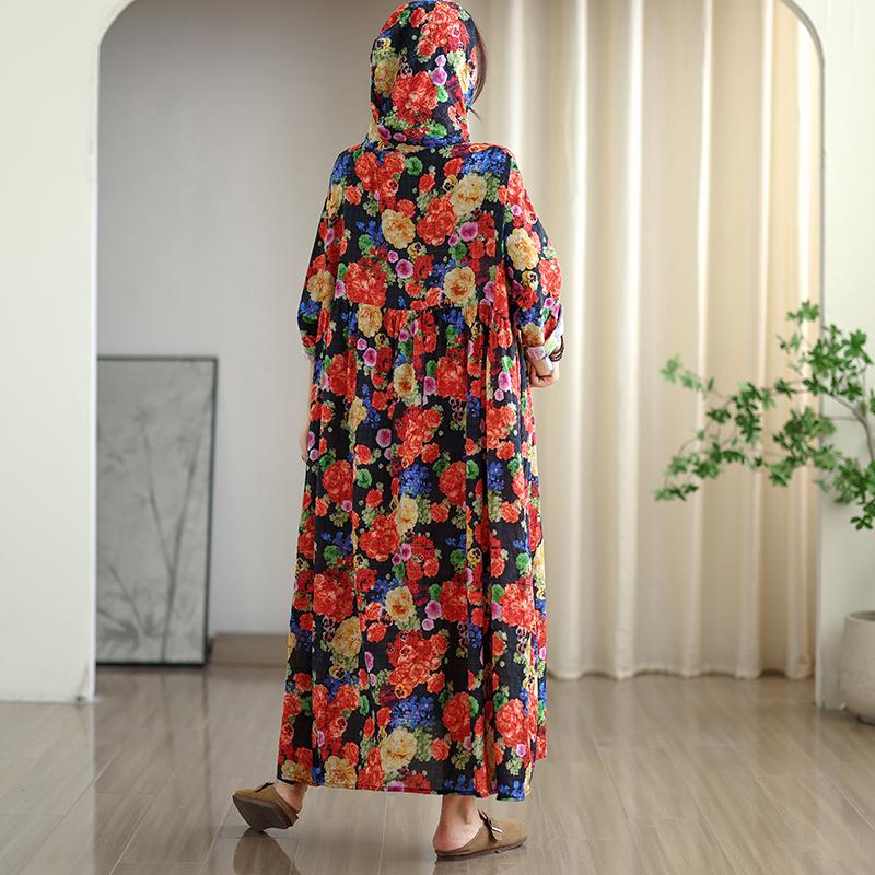 

DIMANAF 2025 Women Plus Size Long Hat Dress Loose O-Neck Printing Casual Floral Oversize Long Sleeve 8227 One Size