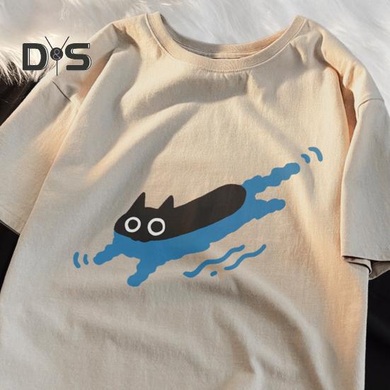 Pár Ležérní Tričko Kreslená Černá Kočka Potisk Tričko Kulatý Výstřih Volný Letní Top pro Muže Ženy Domácí Posilovna Streetové Oblečení