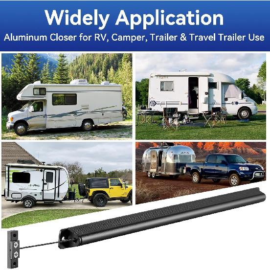 RV Screen Door Closer With Adjustable Tension, Aluminum RV Door Closer Kit, Built-In Spring Automatic Closing Device, Works With Most Camper Travel