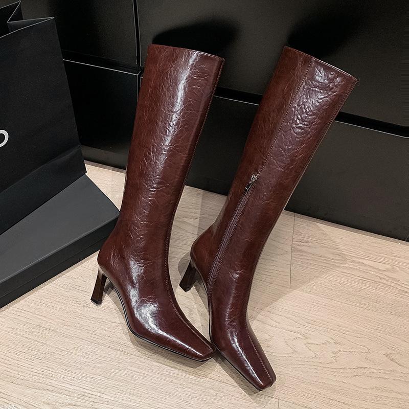 

European and American fashion simple temperament commuter high boots 2025 autumn and winter new square head thin heel but knee long boots women 40