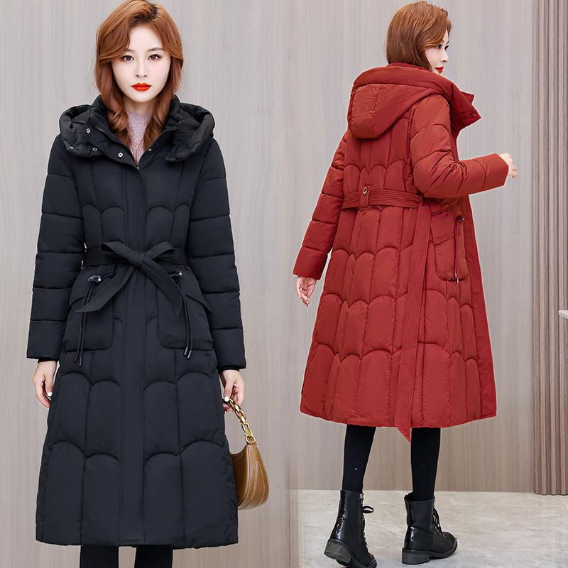 Middle-aged Women Down Cotton-padded Jacket Women Over The Knee Long Plus Size Slim Belt Cotton-padded Jacket Women Plus Size Cotton-padded Jacket
