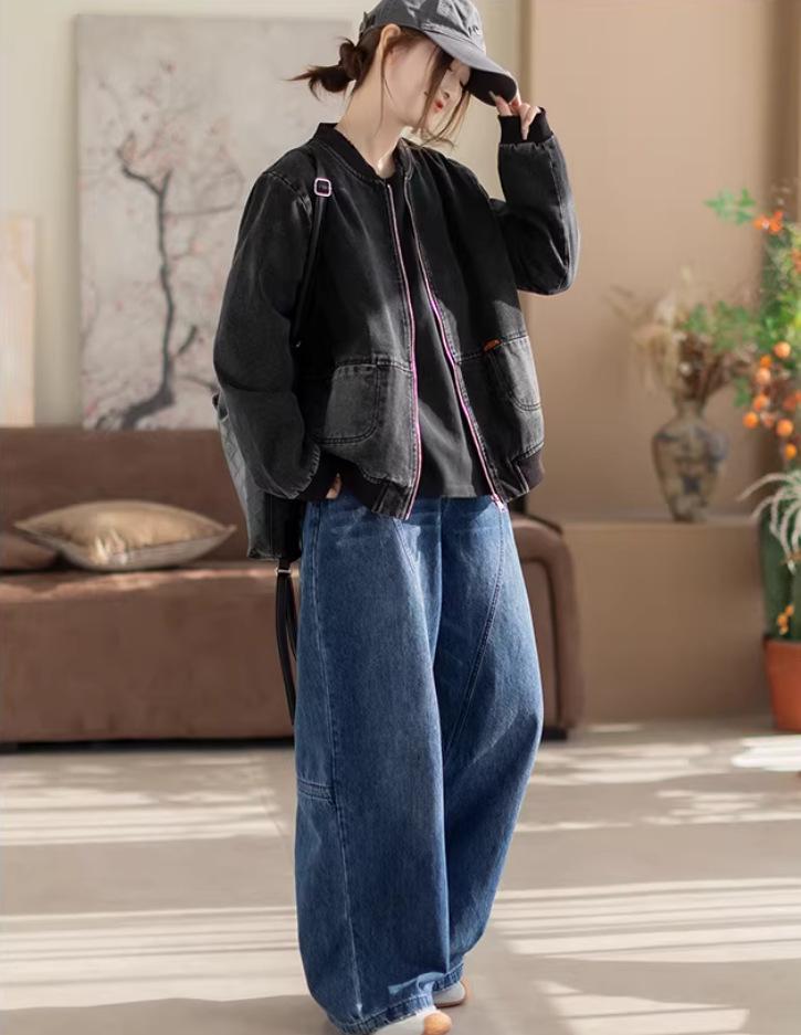 Giacca di Jeans Retro Usurata Stile Coreano con Patchwork a Coste