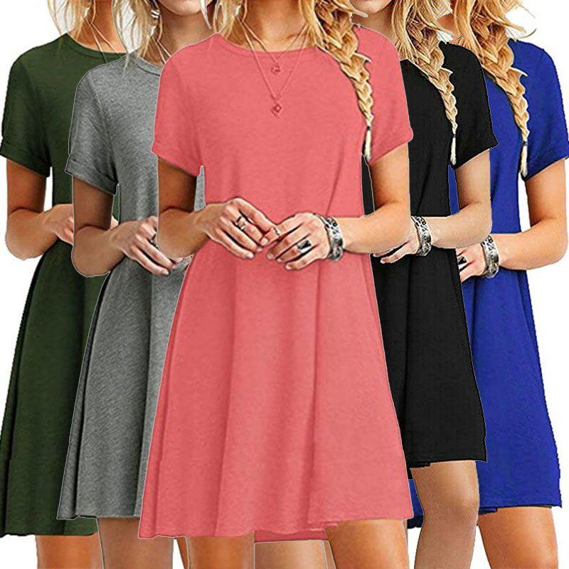 Stylish Women's Summer Tunic T-shirt Dress With Short Sleeves And Solid Colors