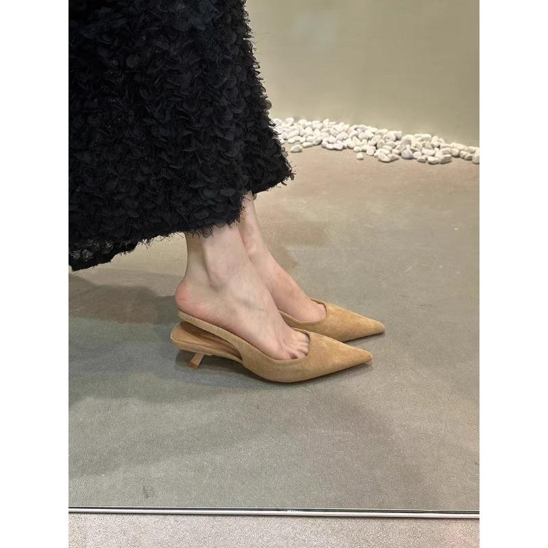 

Retro temperament socialite bag head pointed sandals women s summer suede stiletto fairy high heels empty single shoes 40 хаки