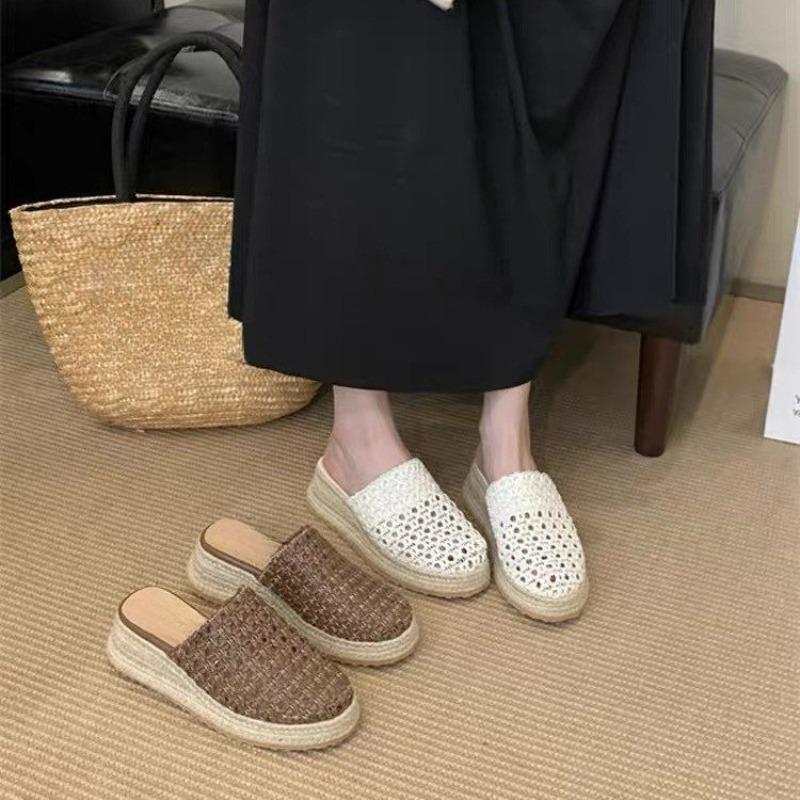 Platform Baotou Half Slippers Women Summer Outside Wear Summer Round Toe Woven Breathable Platform Wedge Slippers