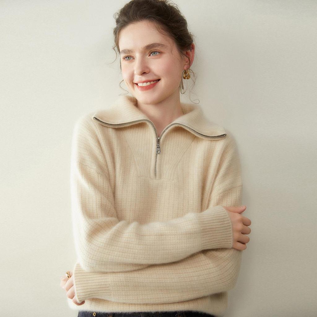Women's Cashmere Stand Collar Zipper Sweater - Loose Fit Pullover & Cardigan