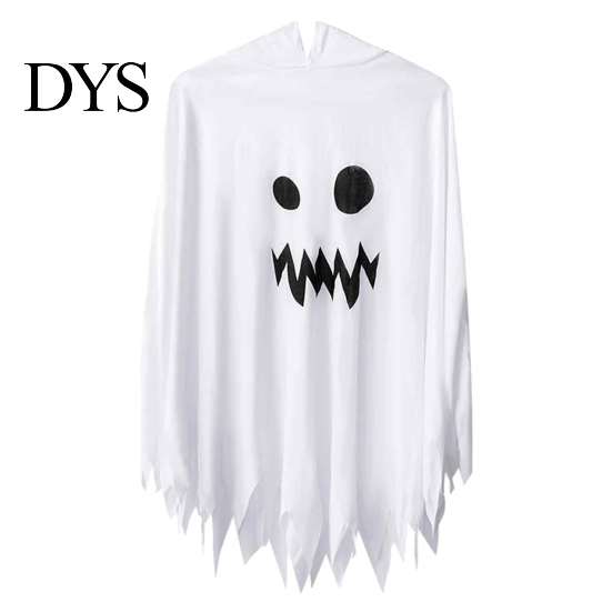 Indoor Outdoor Halloween Activity Wear Hooded Ghost Costume, White/Black Cape Costume for Kids Adults, Spooky Easy Loose Style Party Outfit with Wave