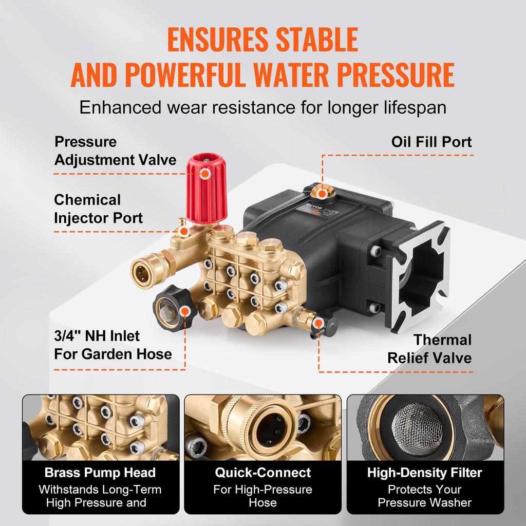 VEVOR Pressure Washer Pump, 19mm(3/4") Shaft Horizontal Triplex Plunger, 227 Bar(3300 PSI), 9.5 L/min(2.5GPM)