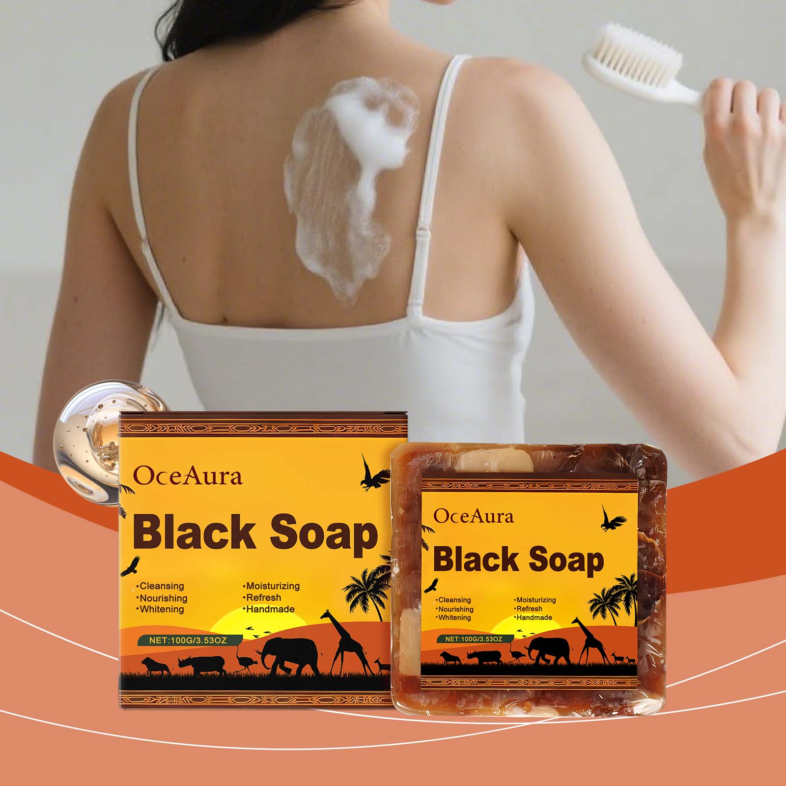 

OceAura Африканське Чорне Мило Глибоке Очищення Видаляє Бруд Покращує Тьмяність Знімає Шорсткість Зменшує Дрібні Зморшки Живильне Мило для Тіла 100g