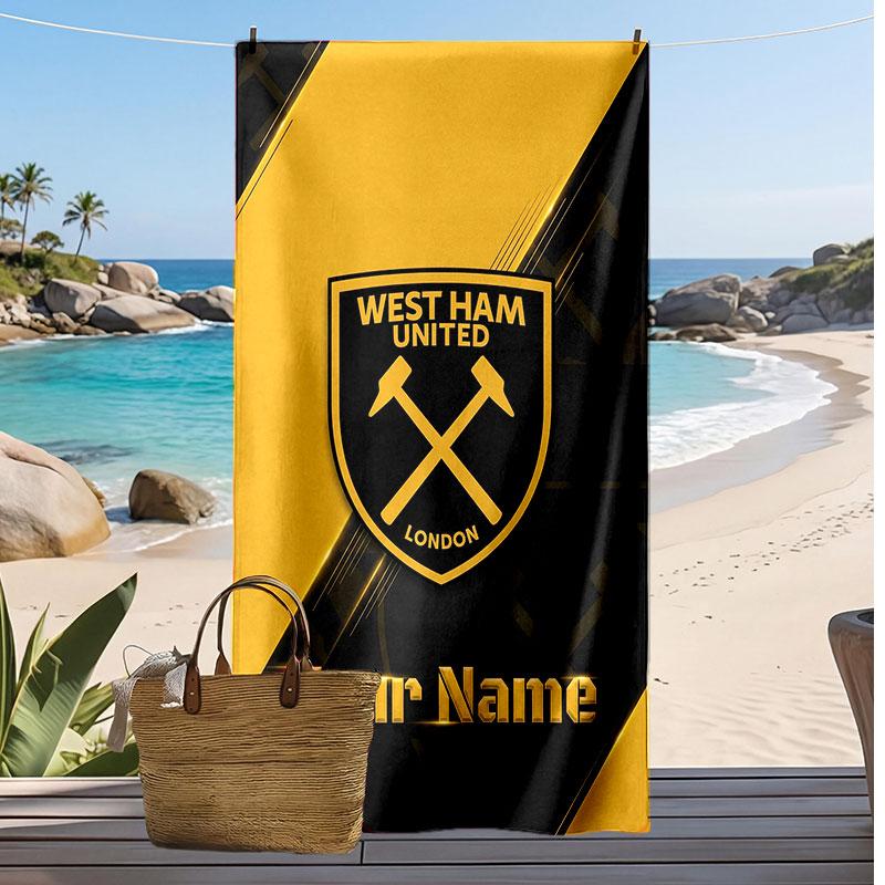 West Ham United FC Personalized Printed Beach Towel Soccer Logo Support Custom Name Text Absorbent Towel For Sport Travel Special Gift