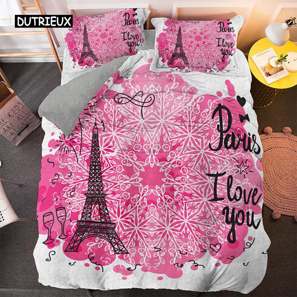Eiffel Tower Duvet Cover Set Microfiber Paris Theme World Famous Architecture I Love Paris Pattern Bedding Set for Girls Woman