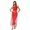 Womens Arab Princess Costume Belly Dance Design Gem Decor Contrast Color Shiny Tulle Overlay Jumpsuit
