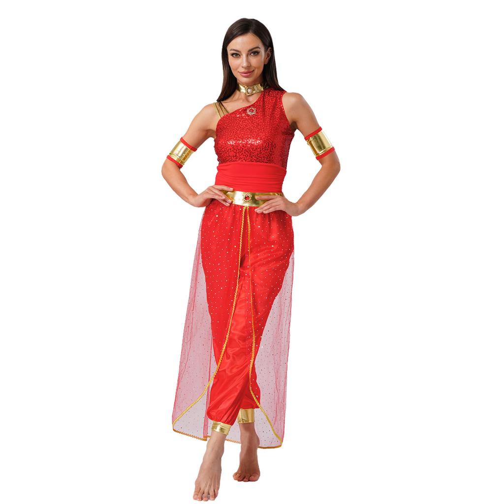 Womens Arab Princess Costume Belly Dance Design Gem Decor Contrast Color Shiny Tulle Overlay Jumpsuit