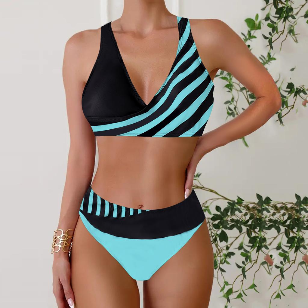 Women's Halter Half Edge Stripe Print Bikini Tankini Swimsuit