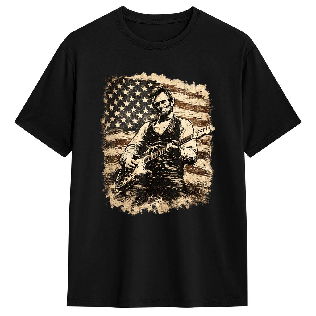 Abraham Lincoln Playing Guitar Retro Music T Shirt Summer Classic Tshirts Pure Cotton Leisure Tshirt For Unisexs Design Tees