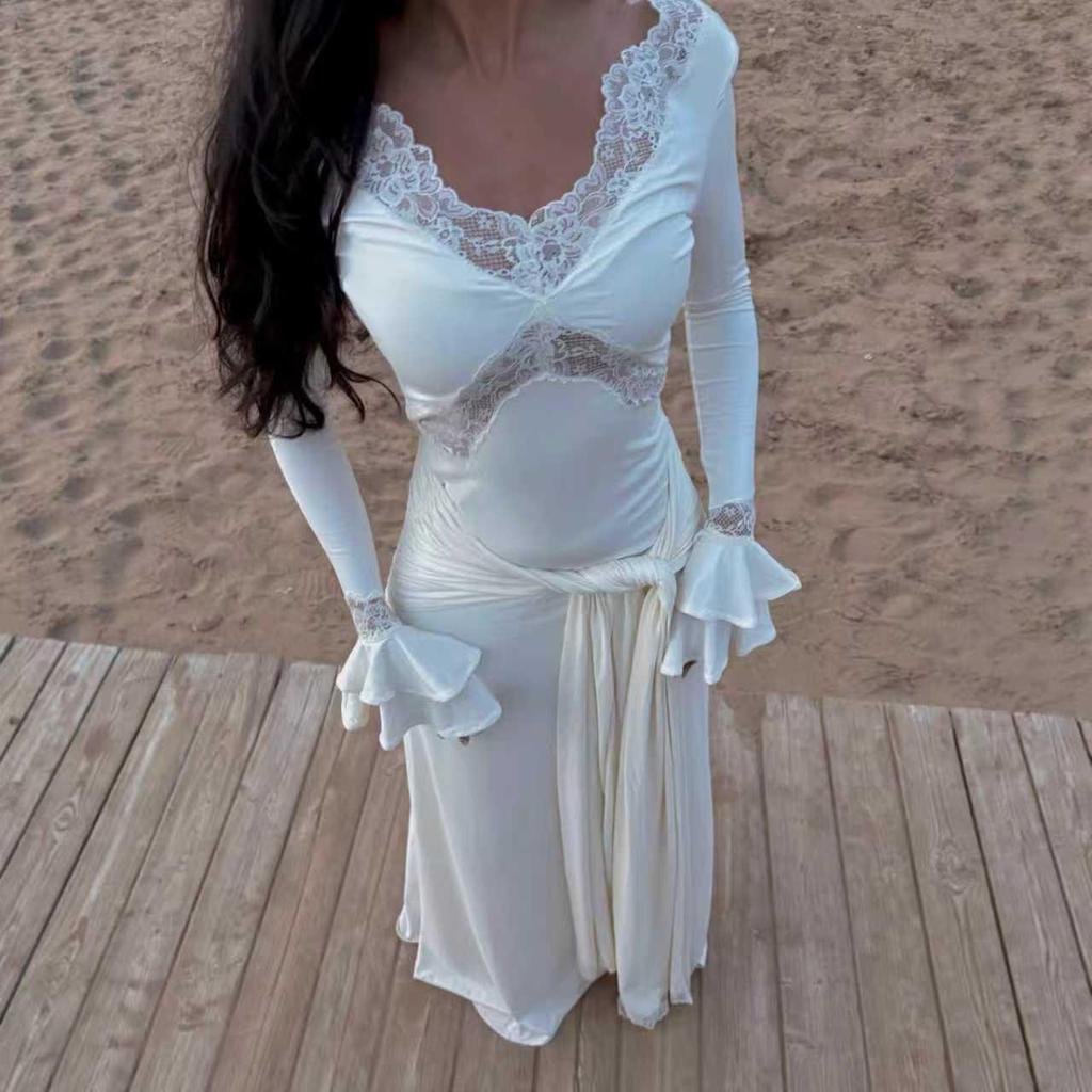 2026 Spring Elegant Slim Fit Women's Long Dress with Sexy Lace Patchwork and European-American Design