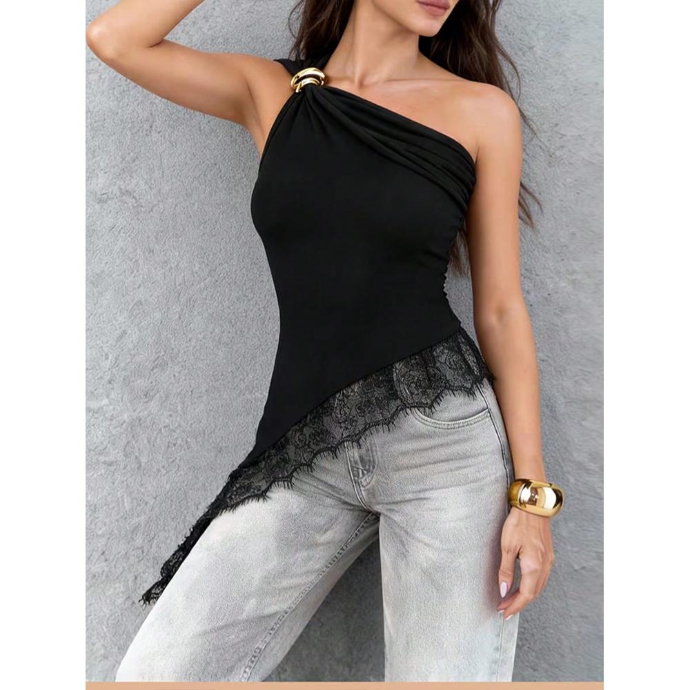 Damen Ein Schulter Spitze Tanktop Ärmellos Asymmetrisch Raffung Y2K Ausgeh Tops