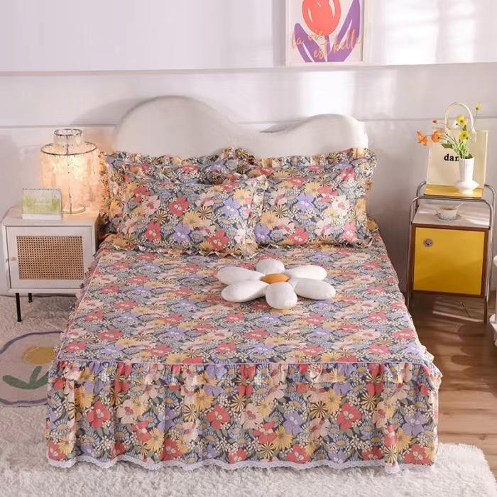 3pcs Sheet Set High Grade 100% Cotton Printed Bedspread King Queen Size Cute Pure Cotton Thick Bed Skirt with 2pcs Pillowcase