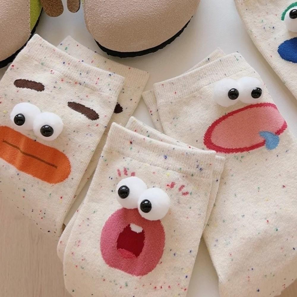 5 Pairs Mid-Calf Funny Expression Socks Soft 3D Eyes Sock Novelty Big Eyes Socks  Girls
