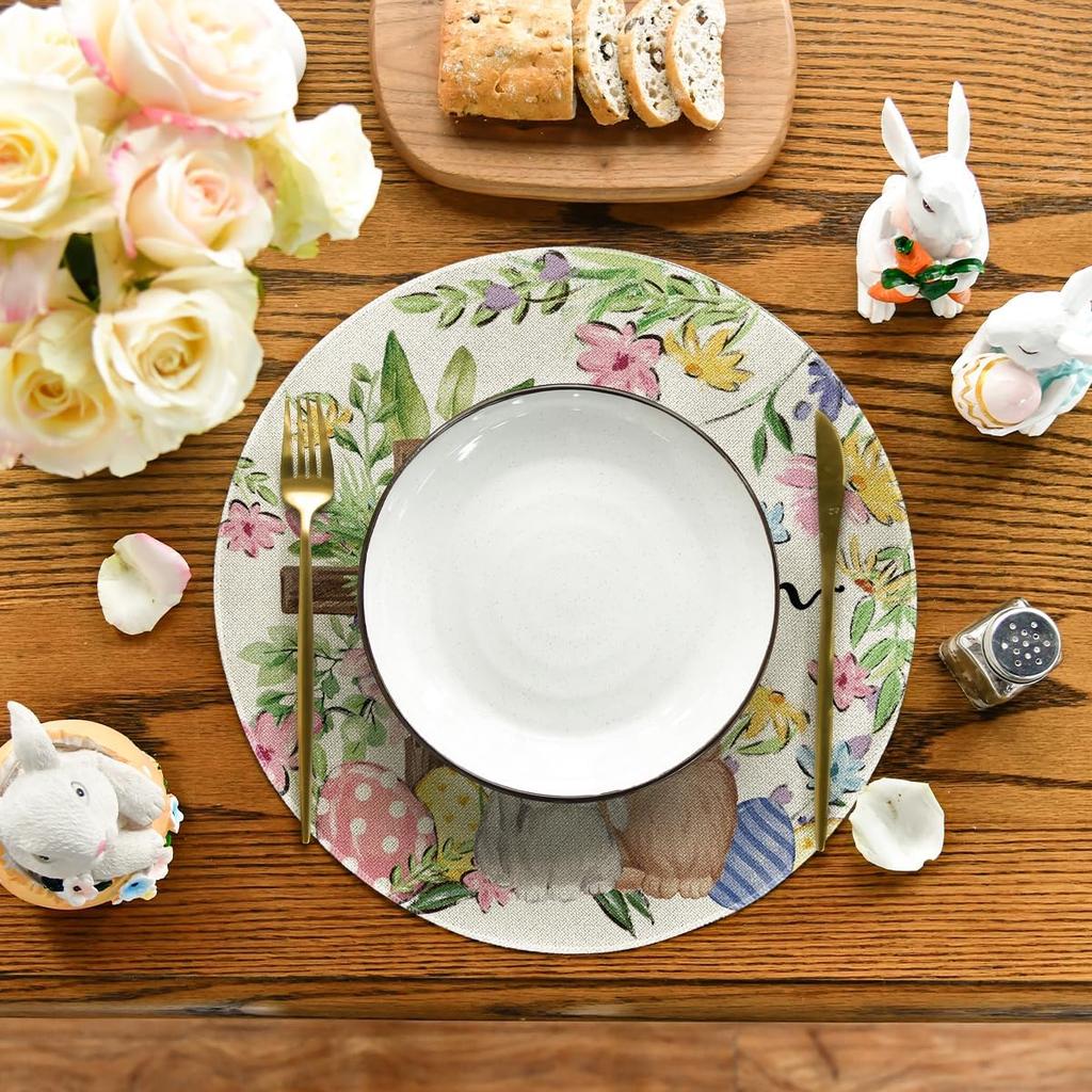 Hase Kaninchen Blume Bunt Eier Ostern Tischsets 4er Set, Druckmuster Tischmatten für Party Küche Esszimmer Dekoration