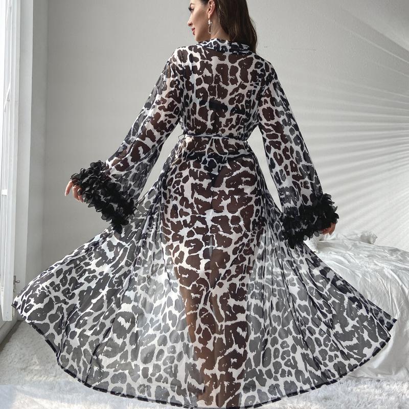 Nouvelle longue robe de nuit pour femme, sexy, léopard, robe de matinée, kimono long, peignoir, robe de nuit en satin pour femme, chemise de nuit, vêtements de détente