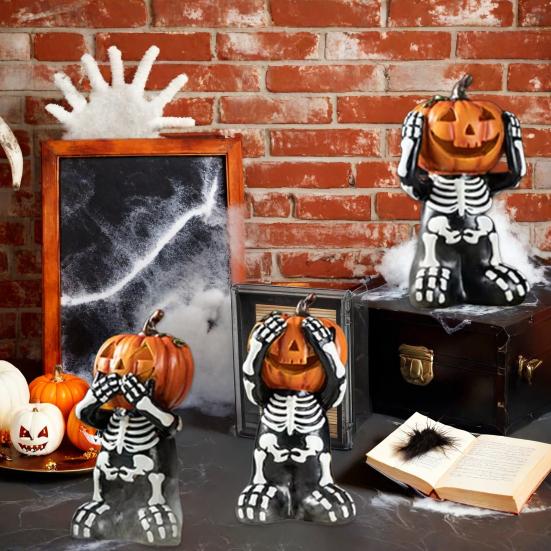 Halloween Decoration Skeleton Pumpkin Shape Statues Resin Gothic Decor Home Party Festival Skull Figurine