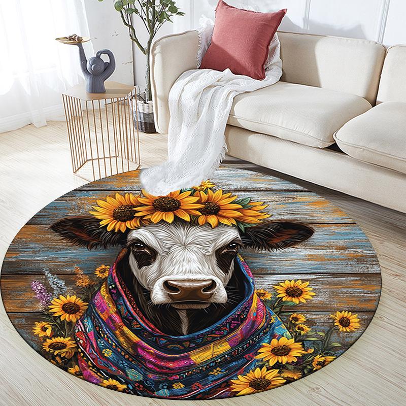 Cow with Sunflower Round Area Rug,Carpet Rug for Living Room Bedroom Sofa Playroom Decor,Non-slip Floor Mat