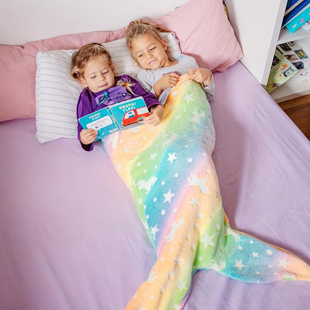 Glow-in-the-Dark Mermaid Starry Night Sleeping Bag - Soft Flannel Rainbow Blanket for Cozy Bedtime Comfort
