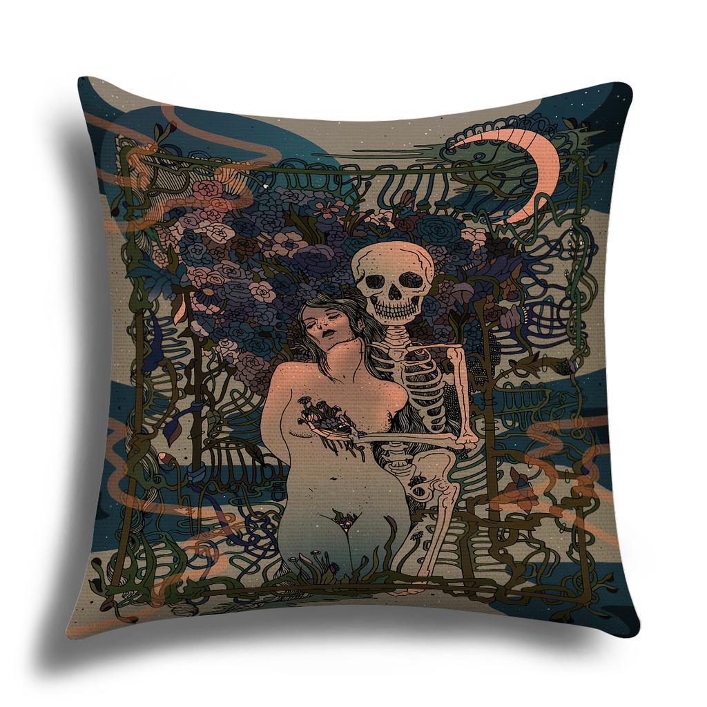 Classic Retro Girl Skull Illustration Cushion Cover Pillow Cover Sofa Cushion Cover Living Room Bedroom Soft Home Decoration