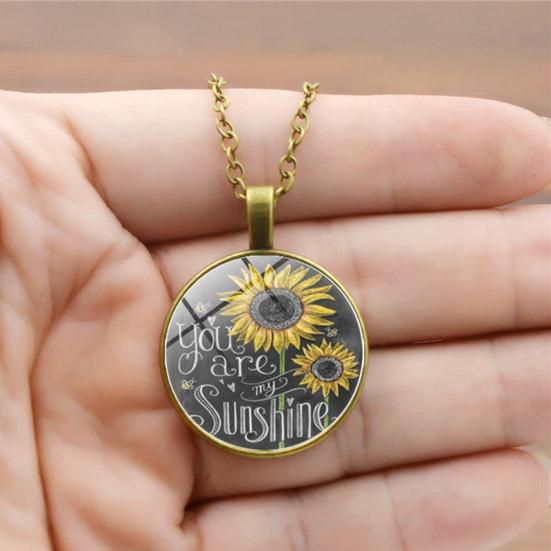 Vintage Sunflower You Are My Sunshine Cabochon Glass Chain Necklace Jewelry